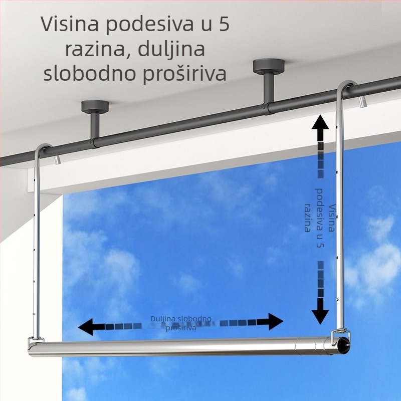 5-stupnjevi prilagodljivi teleskopkski stalak za sušenje od nehrđajućeg čelika, sklopiv, bez bušenja za balkon