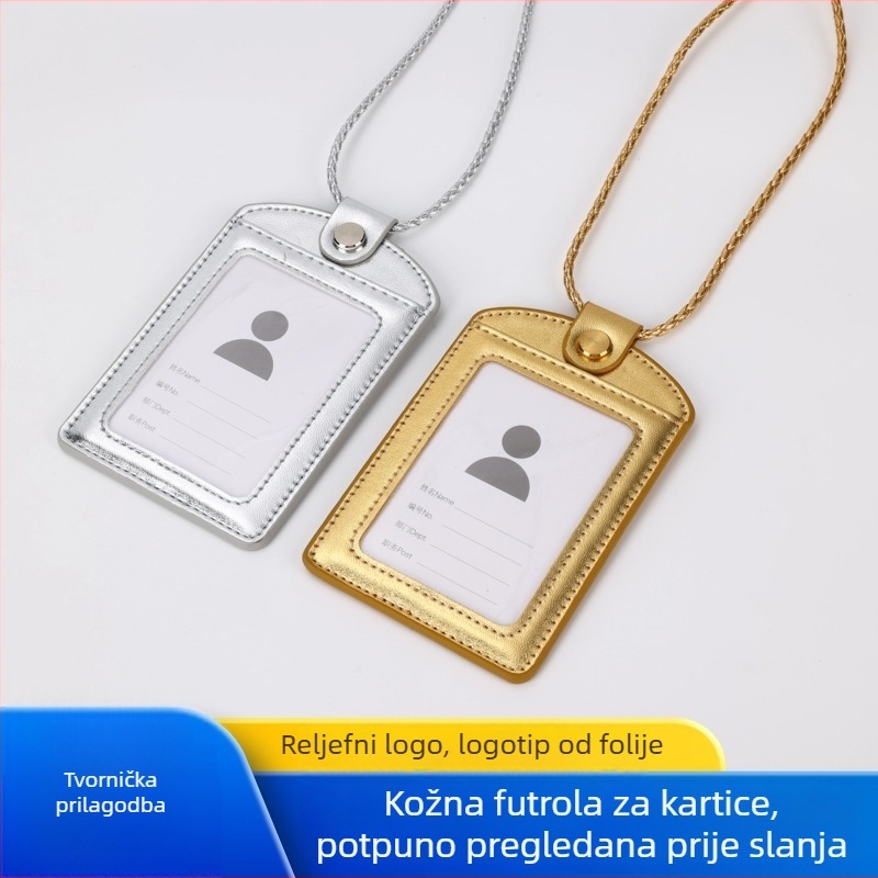 Sjajni zlatni PU kožni držač kartice za identifikacijske kartice, kartice pristupa i radni badge, ugravirani logotip, tiskani lančić za nošenje, prilagodljiv držač kartice