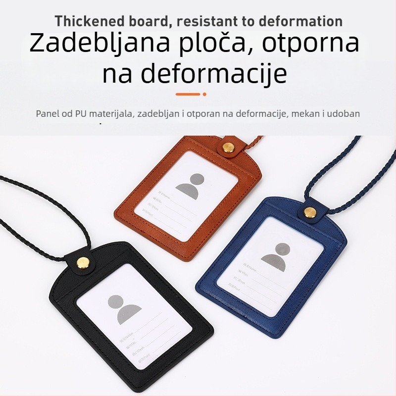 Sjajni zlatni PU kožni držač kartice za identifikacijske kartice, kartice pristupa i radni badge, ugravirani logotip, tiskani lančić za nošenje, prilagodljiv držač kartice