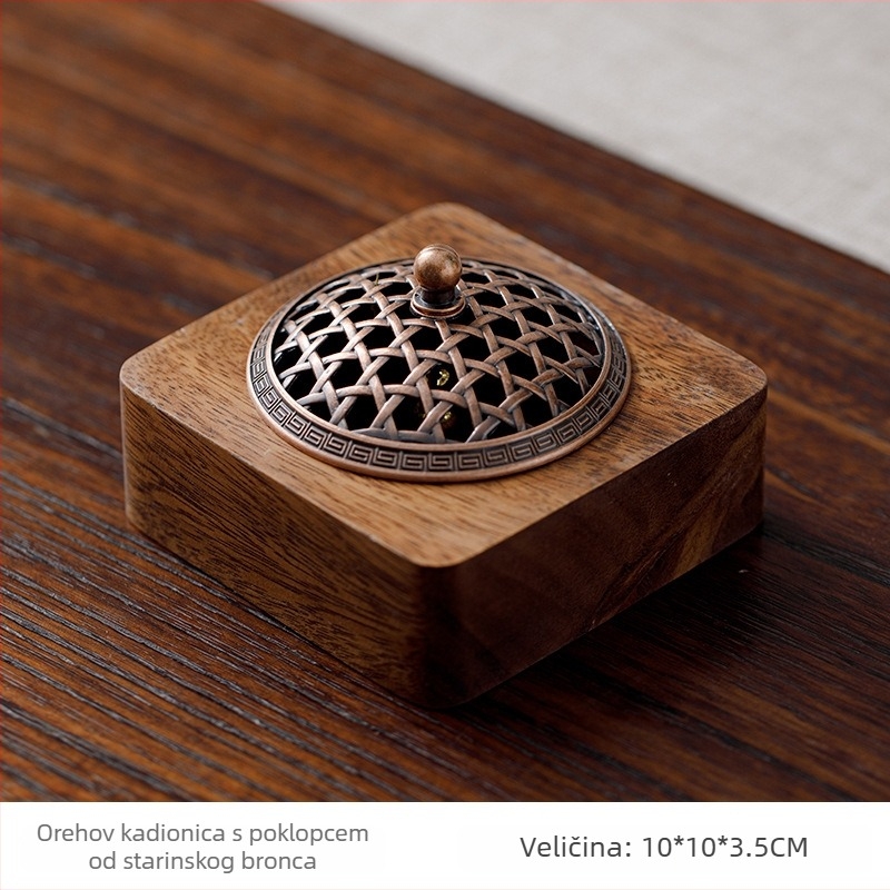 Orahovo drvo Zen incense burner za ceremoniju čaja, kućna dekoracija u kineskom stilu, s poklopcem i bazom za miris