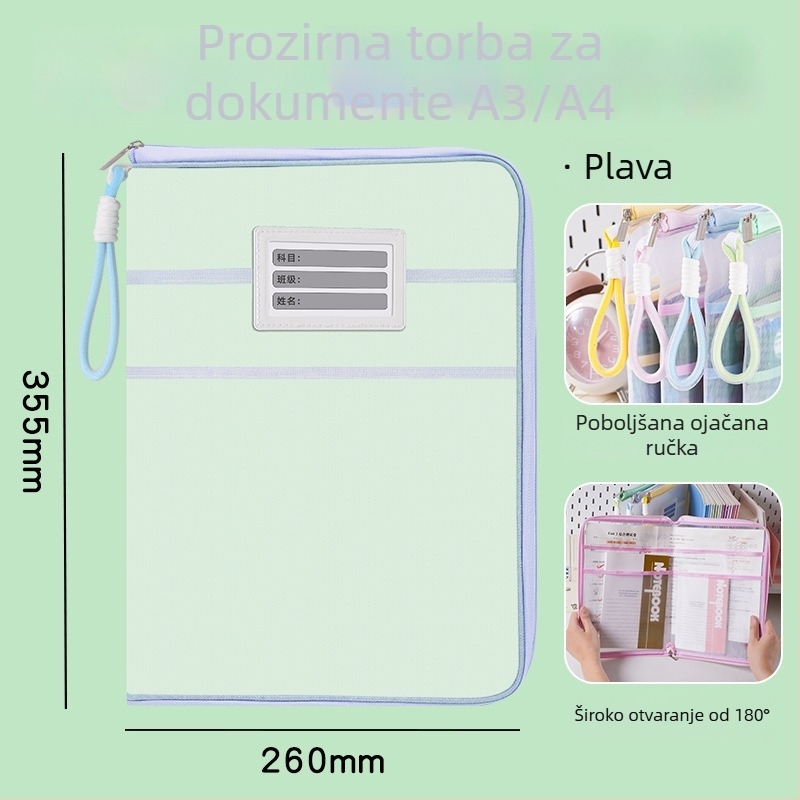 Pravokutna mrežasta torba za dokumente A3/A4 s ručkom, organizator školskih radova po predmetima