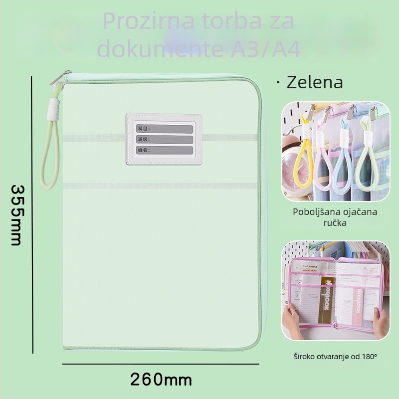 Pravokutna mrežasta torba za dokumente A3/A4 s ručkom, organizator školskih radova po predmetima