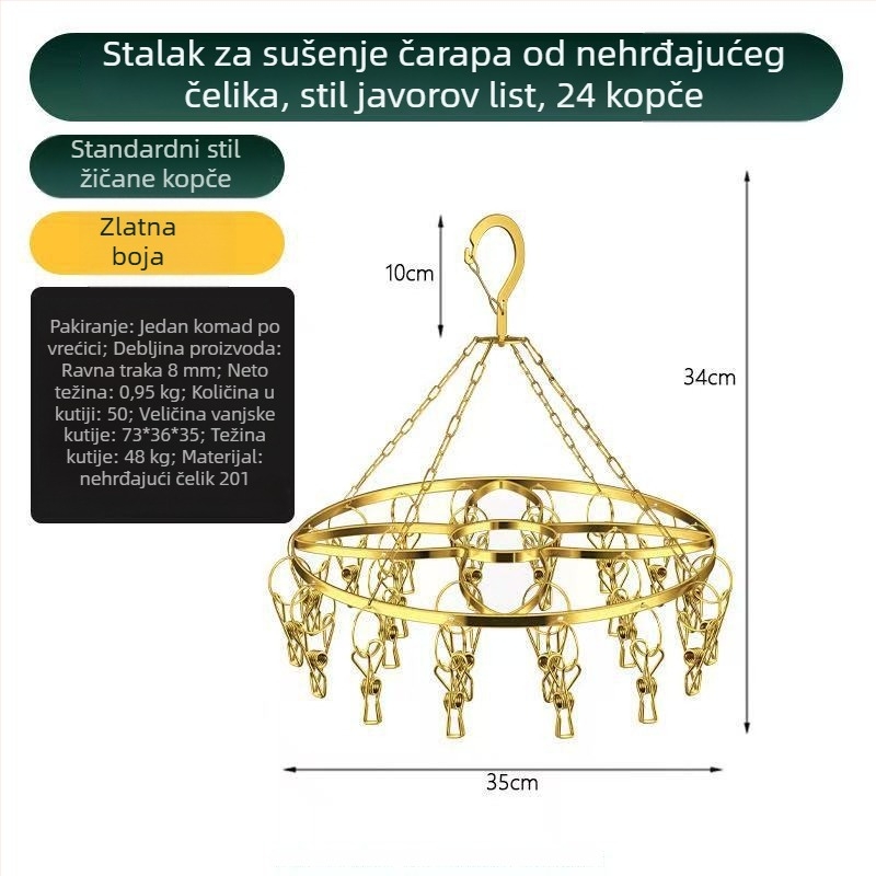 Nehrđajući čelični sušilo za čarape s 24 klipsa za čarape i donje rublje