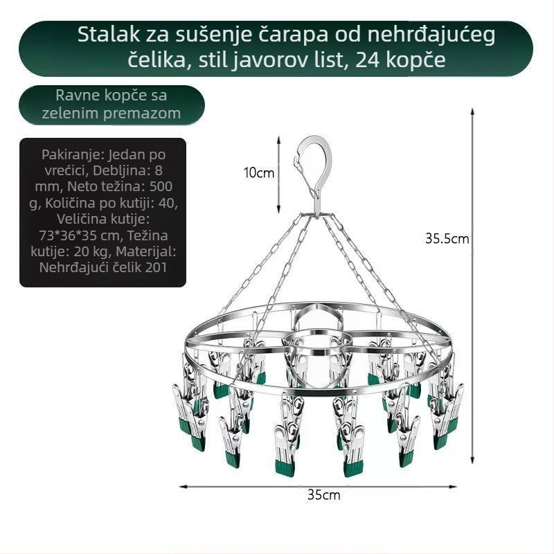 Nehrđajući čelični sušilo za čarape s 24 klipsa za čarape i donje rublje