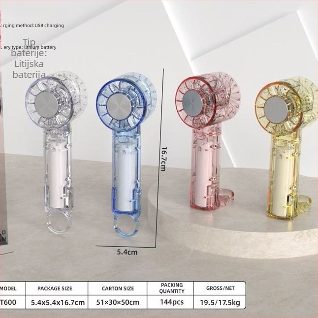 Prozirni ručni ventilator za hlađenje, s karabinerom, kompaktan džepni ventilator za vanjsku upotrebu