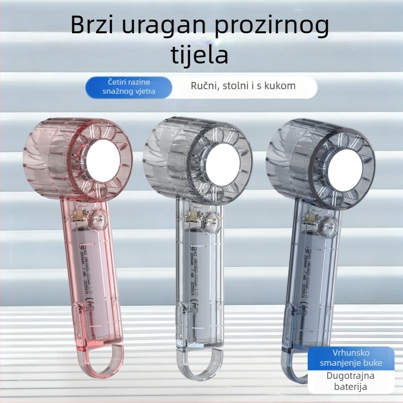 Prozirni ručni ventilator za hlađenje, s karabinerom, kompaktan džepni ventilator za vanjsku upotrebu
