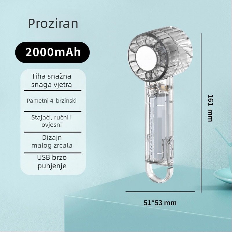 Prozirni ručni ventilator za hlađenje, s karabinerom, kompaktan džepni ventilator za vanjsku upotrebu