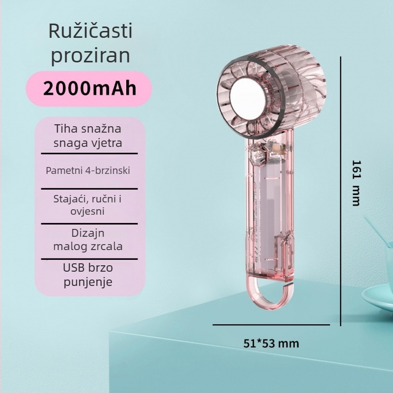 Prozirni ručni ventilator za hlađenje, s karabinerom, kompaktan džepni ventilator za vanjsku upotrebu
