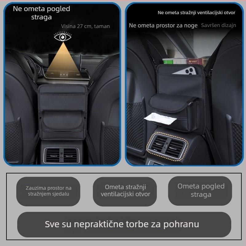 Kožni organizator prostora između sjedala automobila, viseći mrežasti organizator za pohranu i držač za maramice