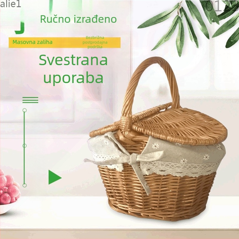 Košara za piknik od ratana i pletene s poklopcem i ručkom, koš za skladištenje i voće, pastoralni stil, ručna izrada