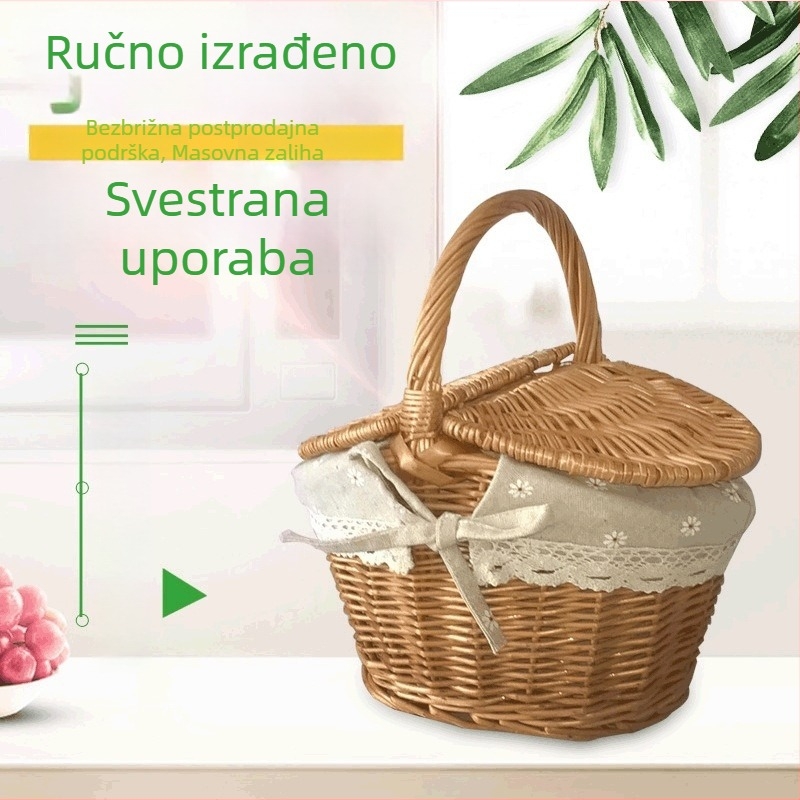 Košara za piknik od ratana i pletene s poklopcem i ručkom, koš za skladištenje i voće, pastoralni stil, ručna izrada