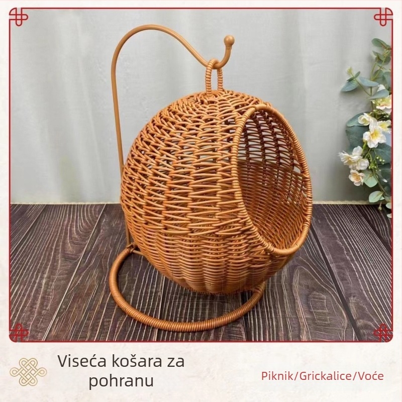 Koš od umjetnog ratana u stilu mačje kućice – za voće, grickalice i deserte, pogodan za stol za kavu