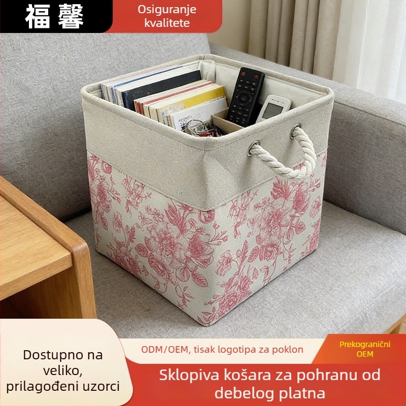 Platnena košara za pohranu s plavim i ružičastim cvjetnim uzorkom, sklopiva, za dnevni boravak, za sitne predmete i donje rublje