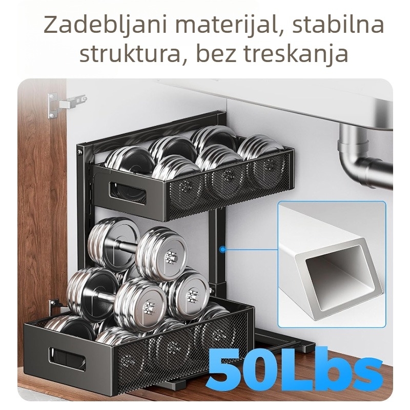 Željezni dvostruko-slojeviti stalak za kuhinju s izvlačnim košarom za kupaonu