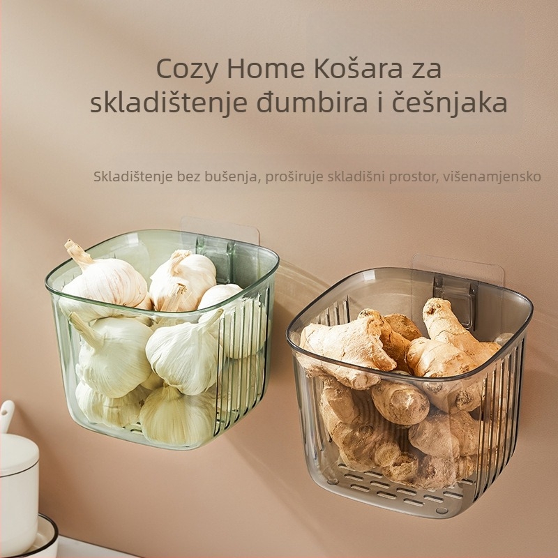 Plastična košarica za pohranu đumbira i češnjaka, kuhinjska zidna košarica sa ljepljivom stražnjom stranom