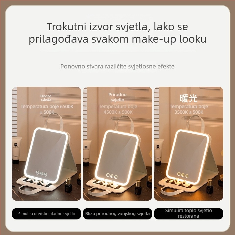 Prijenosno sklopivo ogledalo za šminkanje sa svjetlom, za stol i studentski dom