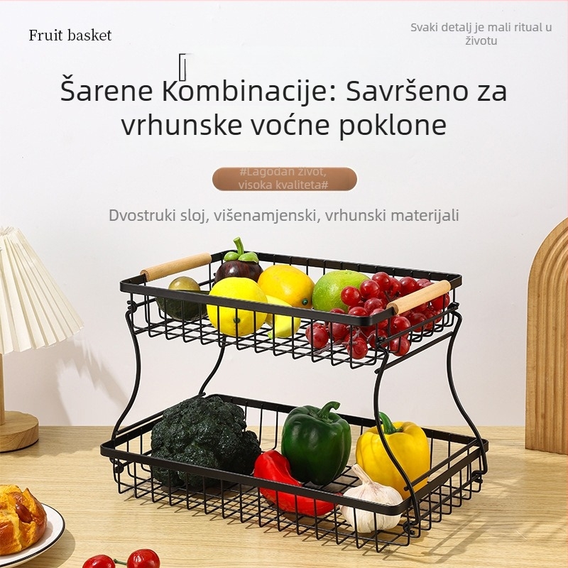 Odvojivi stalak za voće i povrće, višenamjenski kuhinjski organizator, dvostruki koš za voće za dnevnu sobu, košarica za kruh i grickalice