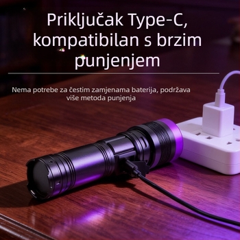 UV365 visoko snažna LED baterijska svjetiljka s crnim zrcalnim završetkom i ljubičastom svjetlošću, za identifikaciju i otkrivanje krivotvorina