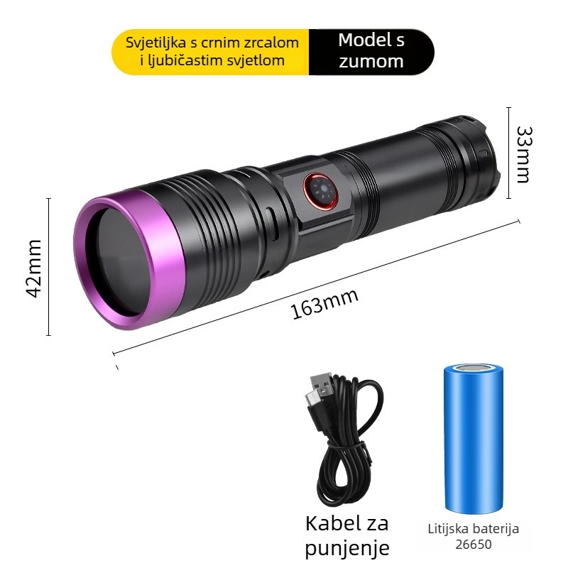 UV365 visoko snažna LED baterijska svjetiljka s crnim zrcalnim završetkom i ljubičastom svjetlošću, za identifikaciju i otkrivanje krivotvorina