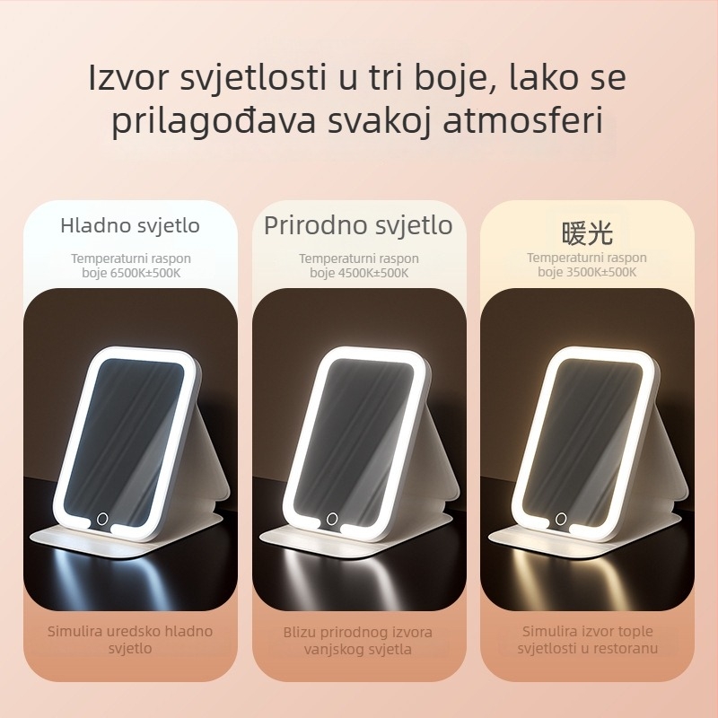 LED ogledalo za šminkanje sa svjetlom, sklopivi toaletni stol, pametno HD, stolni, prijenosno za studentske sobe