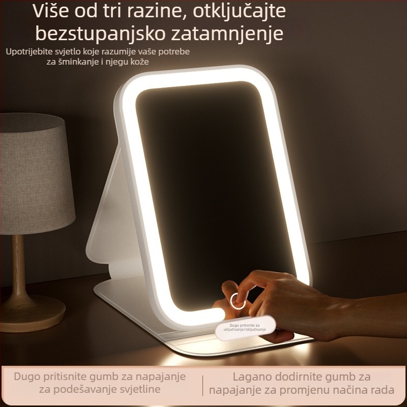 LED ogledalo za šminkanje sa svjetlom, sklopivi toaletni stol, pametno HD, stolni, prijenosno za studentske sobe