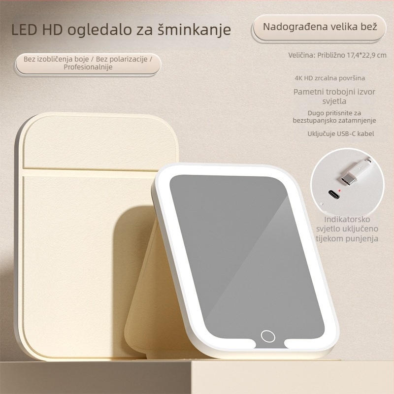 LED ogledalo za šminkanje sa svjetlom, sklopivi toaletni stol, pametno HD, stolni, prijenosno za studentske sobe