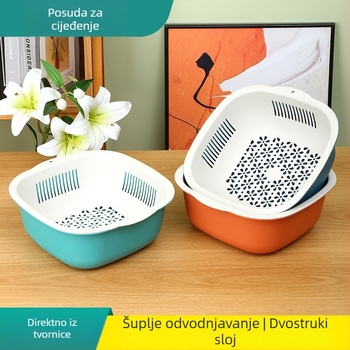 Plastični koš za odvodnju u kuhinji, dvostruki, okruglog i četvrtastog oblika, višenamjenski za pranje voća i povrća