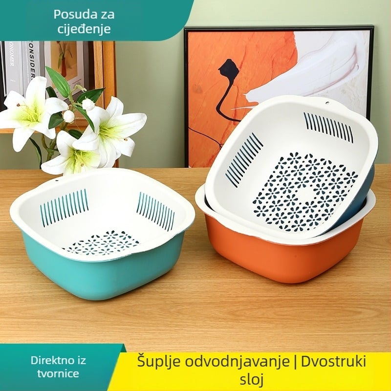 Plastični koš za odvodnju u kuhinji, dvostruki, okruglog i četvrtastog oblika, višenamjenski za pranje voća i povrća