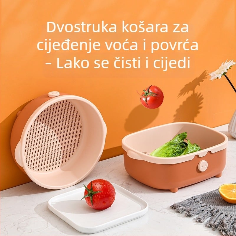 Plastični dvostruki odvodni koš za povrće s dizajnom praščića, za pranje i kuhinjsko skladištenje, koš za voće