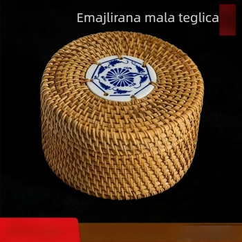 Vintage kutija za pohranu od ratana s poklopcem, stolni organizator, okrugla pletena košara u stilu
