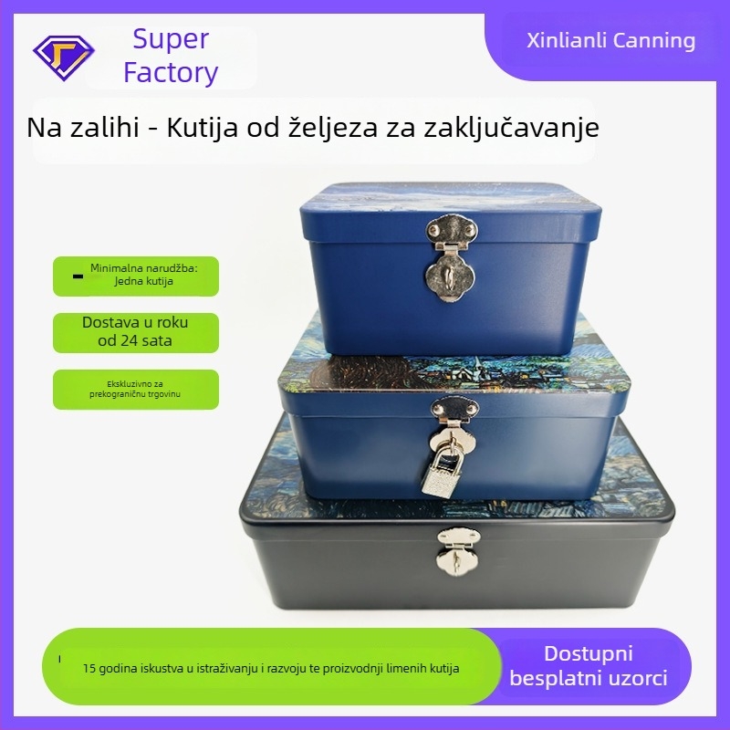 Vintage kutija od tinplatea sa zaključavanjem za stolne nakit i kozmetiku, kvadratna metalna kutija s prilagođenim uzorkom. Model XLL-25422. Dimenzije 17,5 × 7,5 × 13 cm