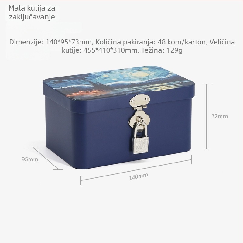 Vintage kutija od tinplatea sa zaključavanjem za stolne nakit i kozmetiku, kvadratna metalna kutija s prilagođenim uzorkom. Model XLL-25422. Dimenzije 17,5 × 7,5 × 13 cm