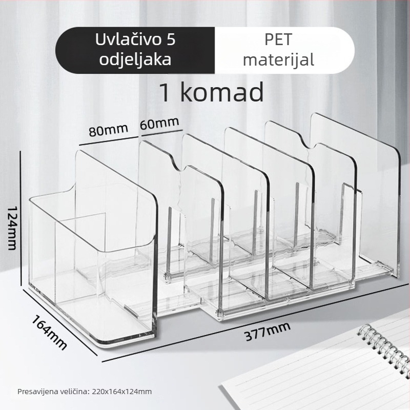 Izvlačni stolni regál za knjige s pet pretinaca i prozirnim panelom
