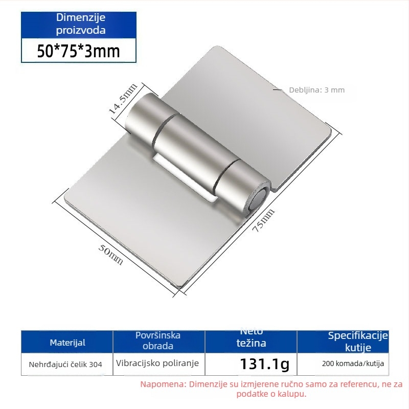 Jiuyang Hardware 304 nehrđajući čelik industrijski teški šarka 50x75x3 mm