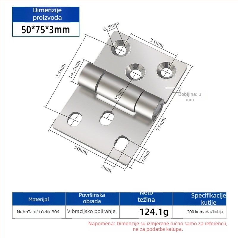 Jiuyang Hardware 304 nehrđajući čelik industrijski teški šarka 50x75x3 mm