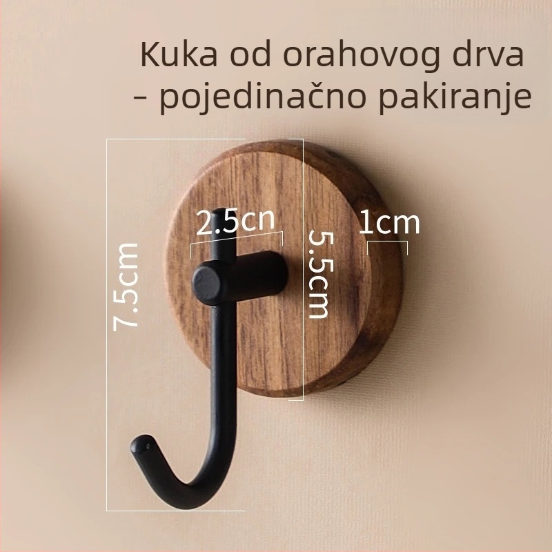 Zidni vješak od američkog oraha, bez bušenja, za kapu i torbu, nordijski stil, nosivost 5–10 kg