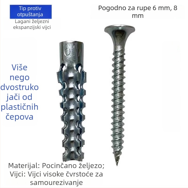 Nerđajući čelični šaraf za proširenje za lagane šuplje cigle, s integriranim klinom i metalnim proširnim tijelom