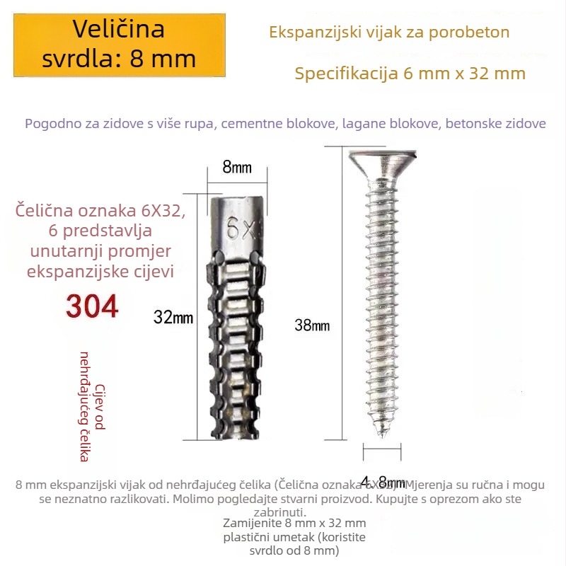 Nerđajući čelični šaraf za proširenje za lagane šuplje cigle, s integriranim klinom i metalnim proširnim tijelom