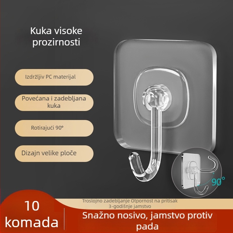 Prozirna snažna ljepljiva zidna kuka, bez bušenja, nosivost, zadebljani dizajn, set od 10 komada