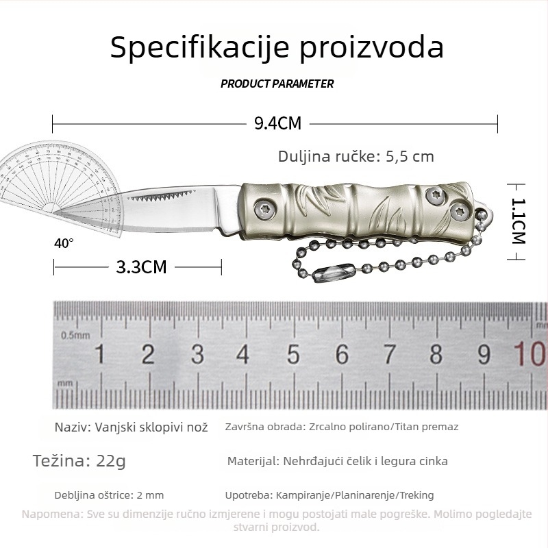 Mini preklopni nož, prenosni, od nehrđajućeg čelika i cinkovog legura, bez zaključavanja, privjesak za ključeve