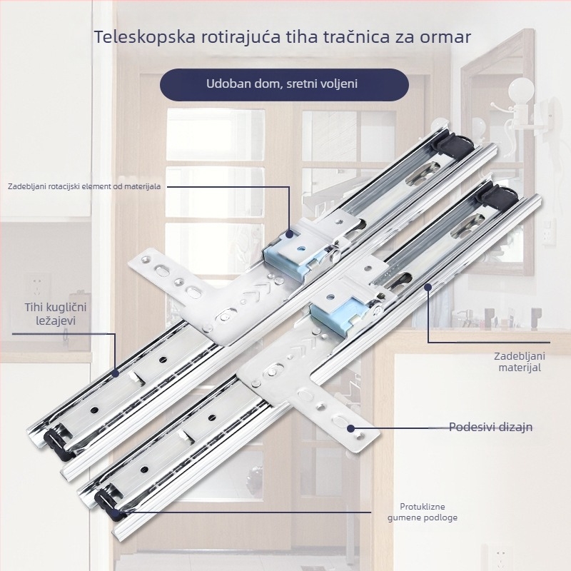 Pojačana trodijelna vodilica ormara s ogledalom, klizna, preklopna i rotirajuća, tiha teleskopska vodilica za cijelo tijelo