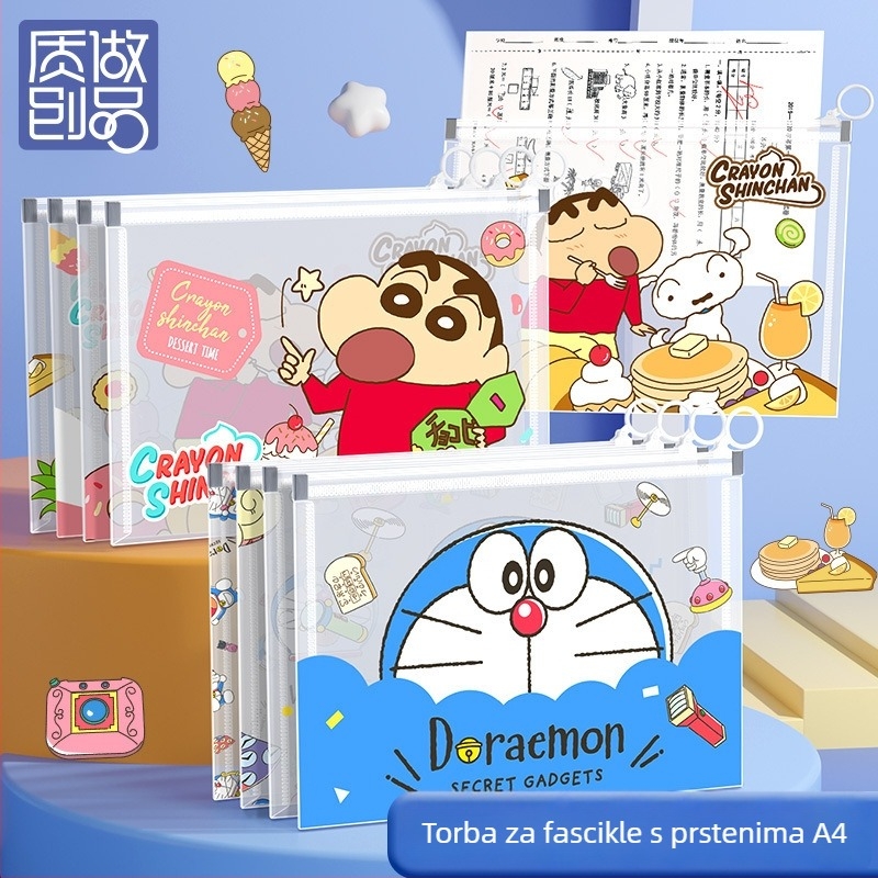 Prozirna torbica za dokumente s izvlačnom petljom, dizajn Crayon Shin-Chan i Doraemon, velika kapaciteta za A4 dokumente