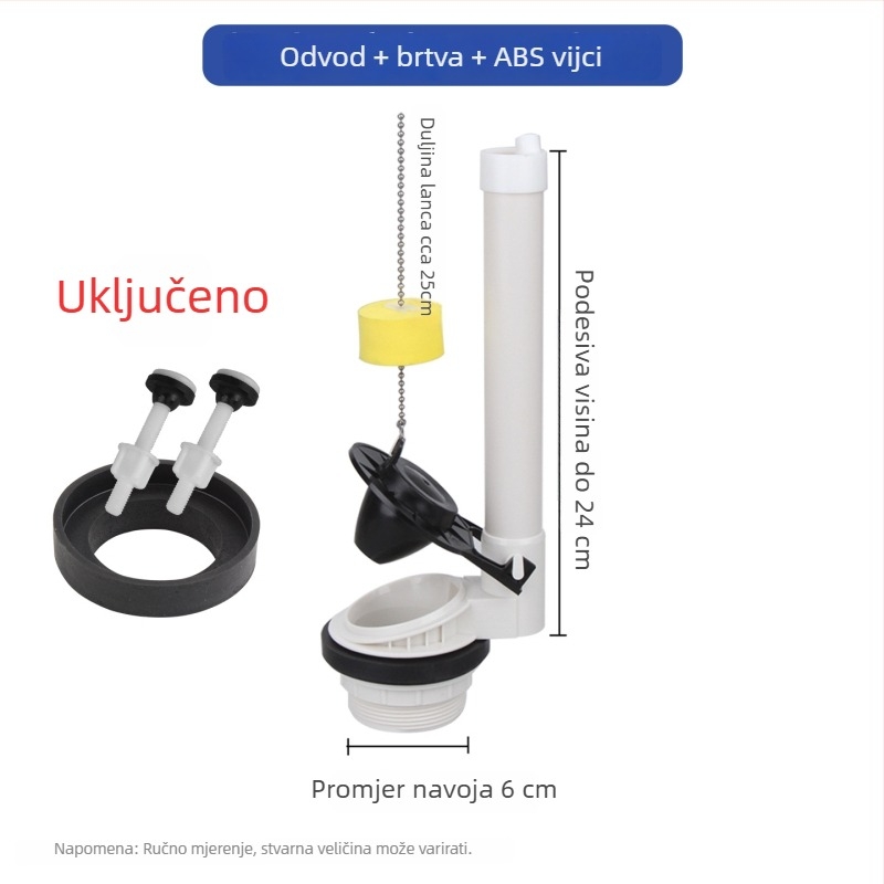 Dijelovi starog stila spremnika WC-a: vijak, ventil za ispiranje, poklopac WC-a i ventil za odvod vode