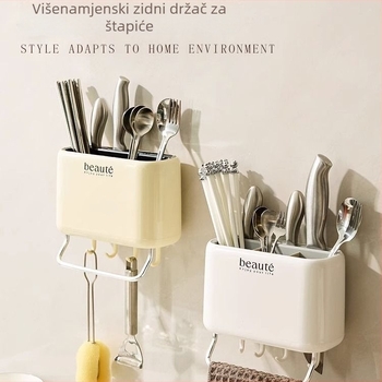 Krem boje zidni držač za štapiće i pribor, s držačem noževa i žlice