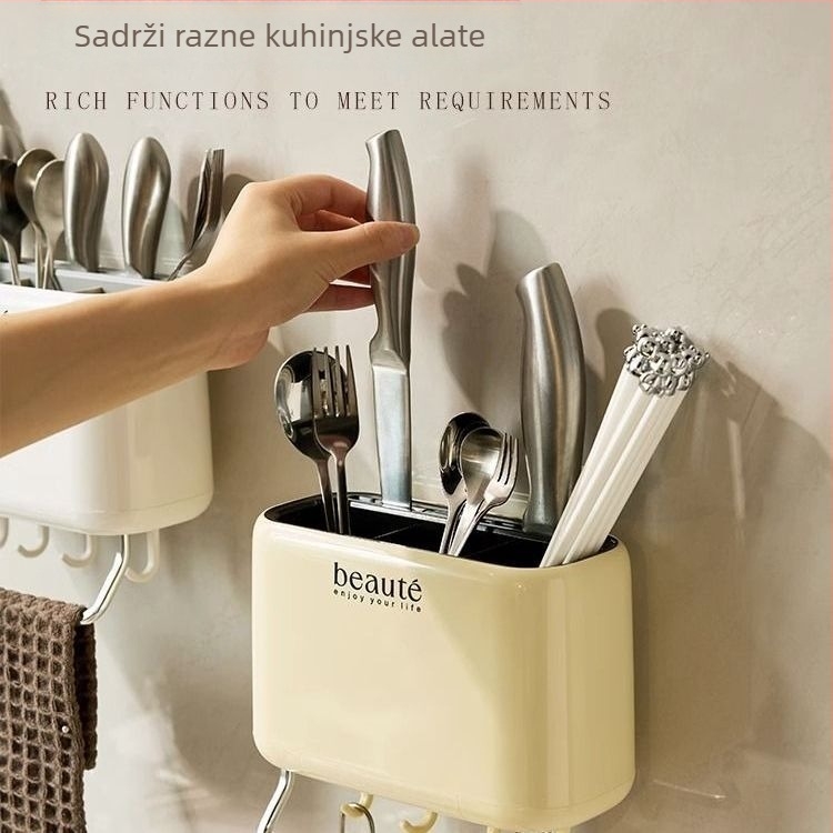 Krem boje zidni držač za štapiće i pribor, s držačem noževa i žlice