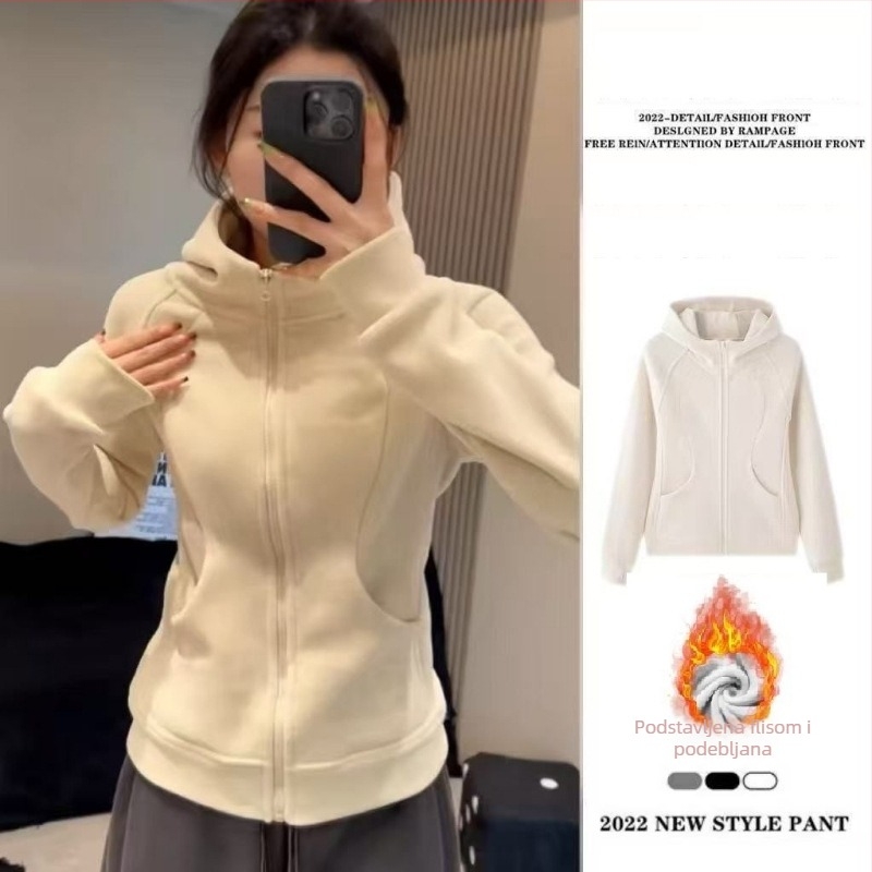 Ženska hoodie jakna s kapuljačom za proljeće i jesen 2025 — uski kroj, kratka dužina, zatvarač, sportski minimalistički stil