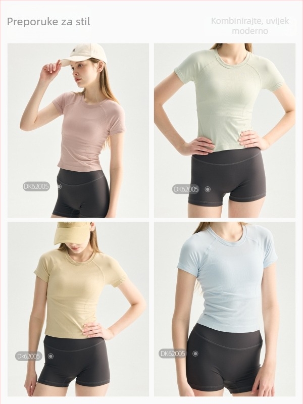 LOLO&LULU Bezšivni top za jogu – kratki rukavi, cropped kroj, prugasti najlon, za žene – Pilates i fitness