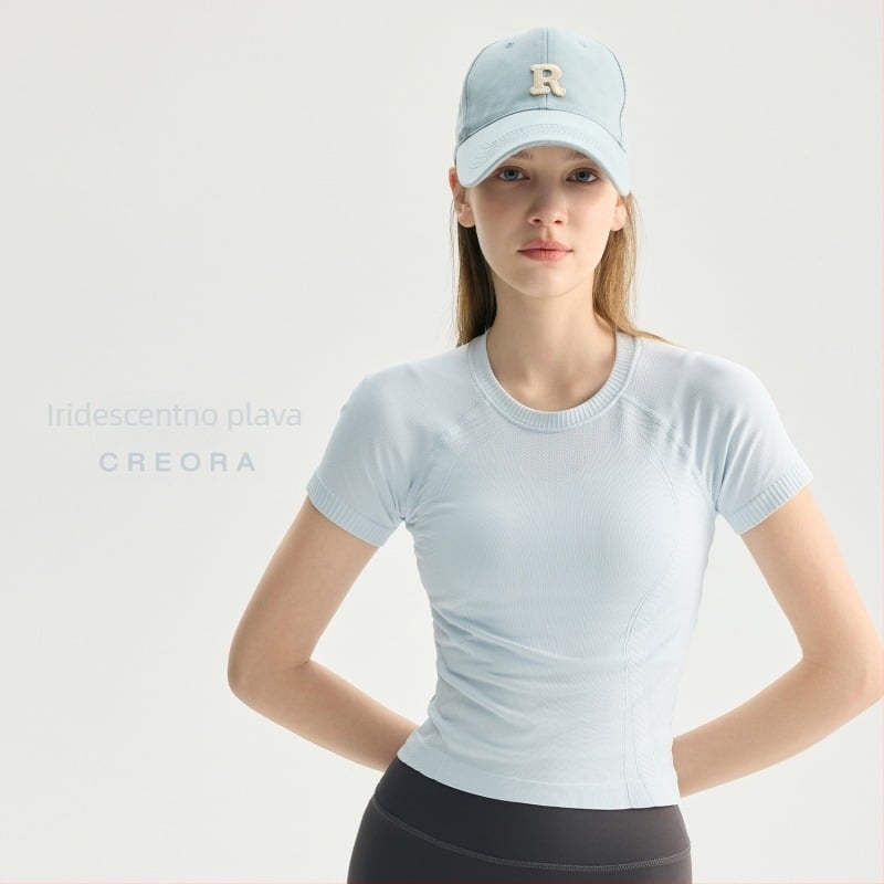 LOLO&LULU Bezšivni top za jogu – kratki rukavi, cropped kroj, prugasti najlon, za žene – Pilates i fitness