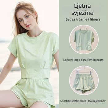 Ženski set za jogu i pilates: top s okruglim izrezom i kratke hlače, brzo sušeći materijal, visok struk