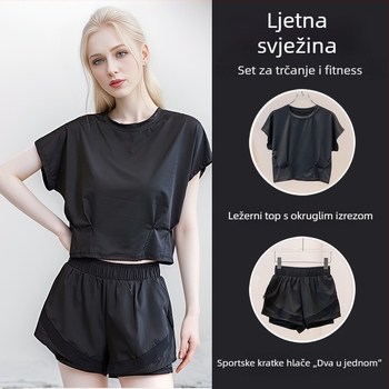 Ženski set za jogu i pilates: top s okruglim izrezom i kratke hlače, brzo sušeći materijal, visok struk